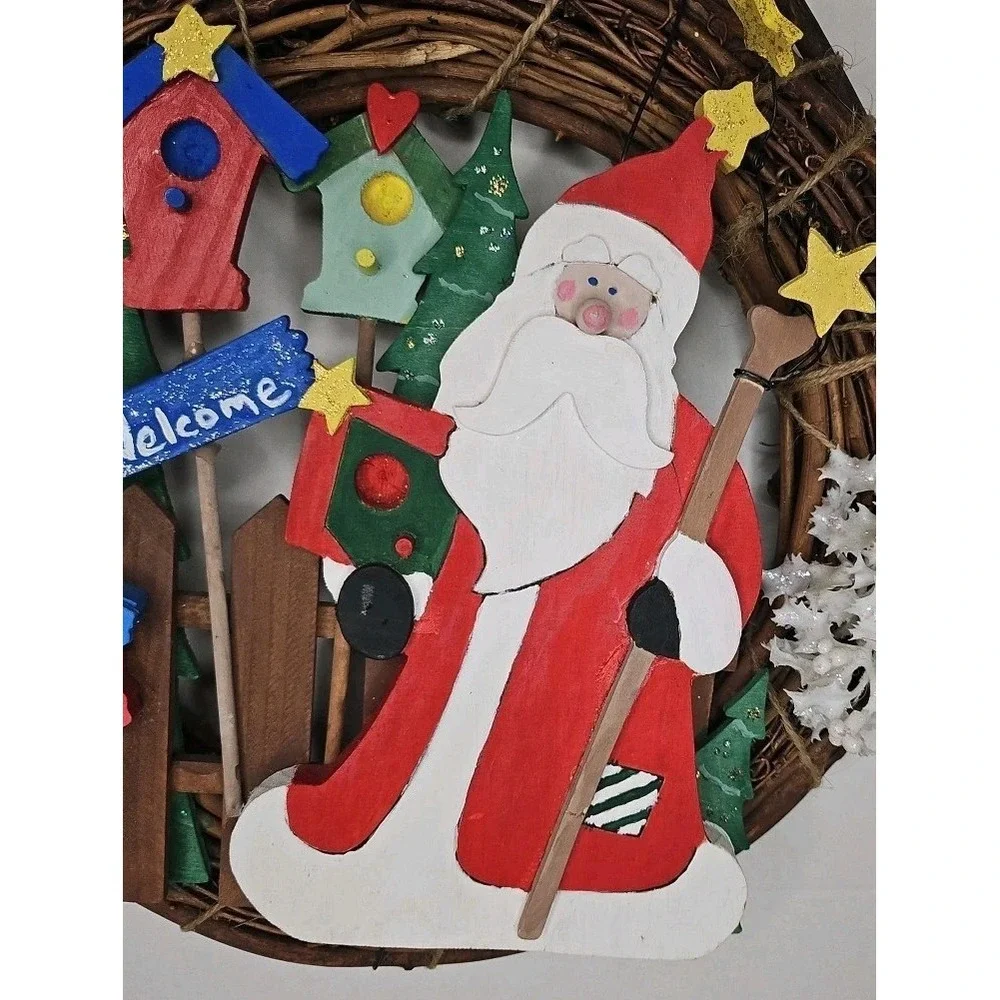 Santa Twine Vtg Christmas Wreath Retro Garden Wooden Attach Pcs 14 Inch Y2k Mist